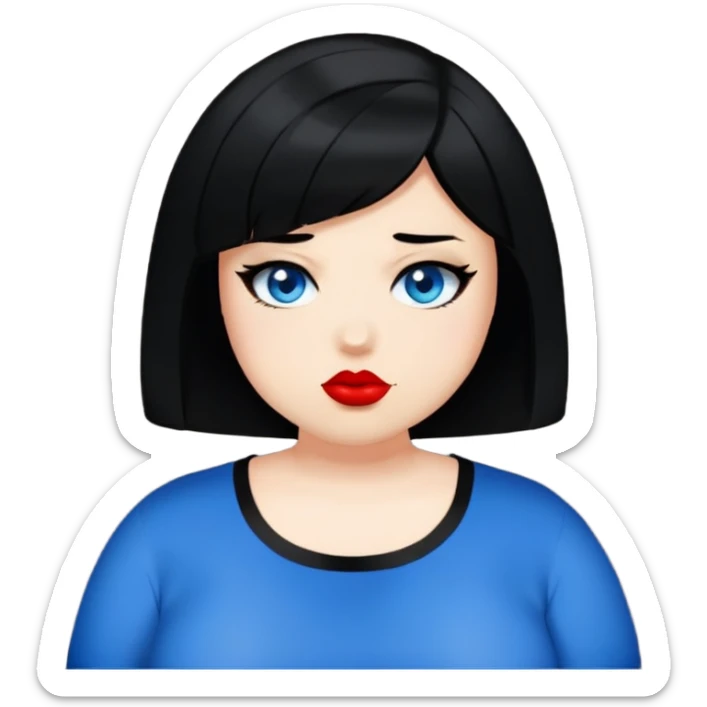 Make the plus size teenage girl emoji look like the person in the reference photo: black bob haircut, side parted, blue eyes, black eyeshadow, red lipstick, black shirt, emoji style. sticker