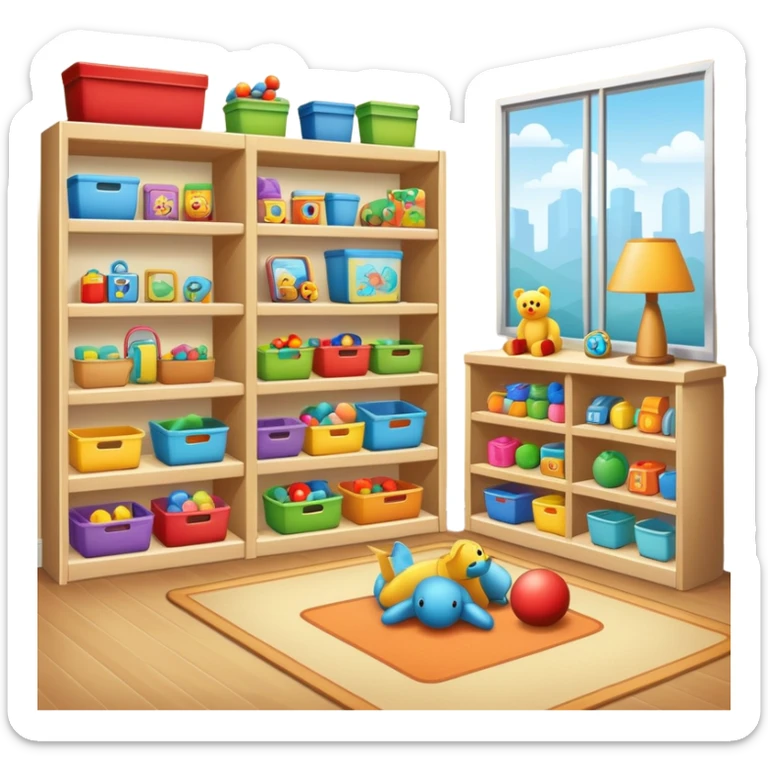 tidy room with toys neatly arranged on shelves, clear and inviting sticker