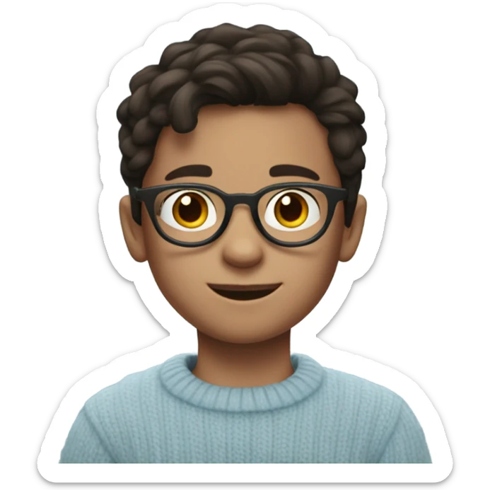 A little boy that is about 10 years old, wearing circular glasses and dark brown hair and a light blue sweater sticker