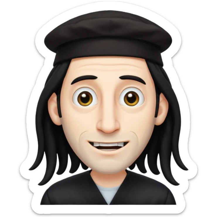 Jewish white man emoji with long dread black hair on the sides and jewish judaism hat, long big nose and crooked teeth sticker