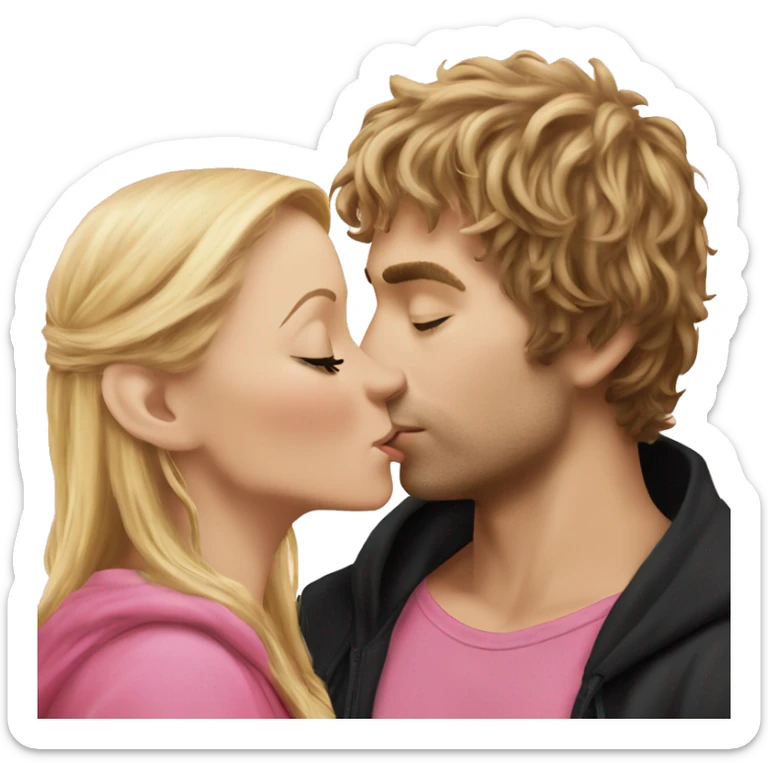 Pippin-hobbit wearing black hoodie passionately kissing pretty blonde woman wearing pink top sticker