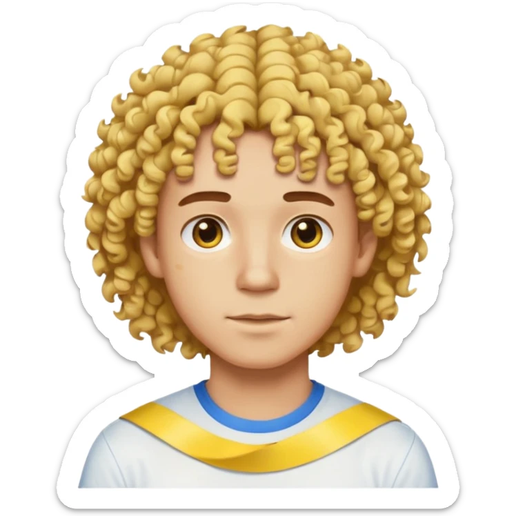 Make me an emoji that has a guy with a white shirt and yellow tape around the shirt with brown and blue spots hair make the hair curly make the yellow tape go around it sticker