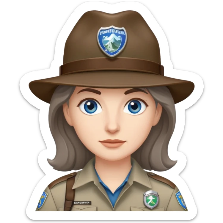 white woman park ranger with brown and gray hair and blue eyes sticker