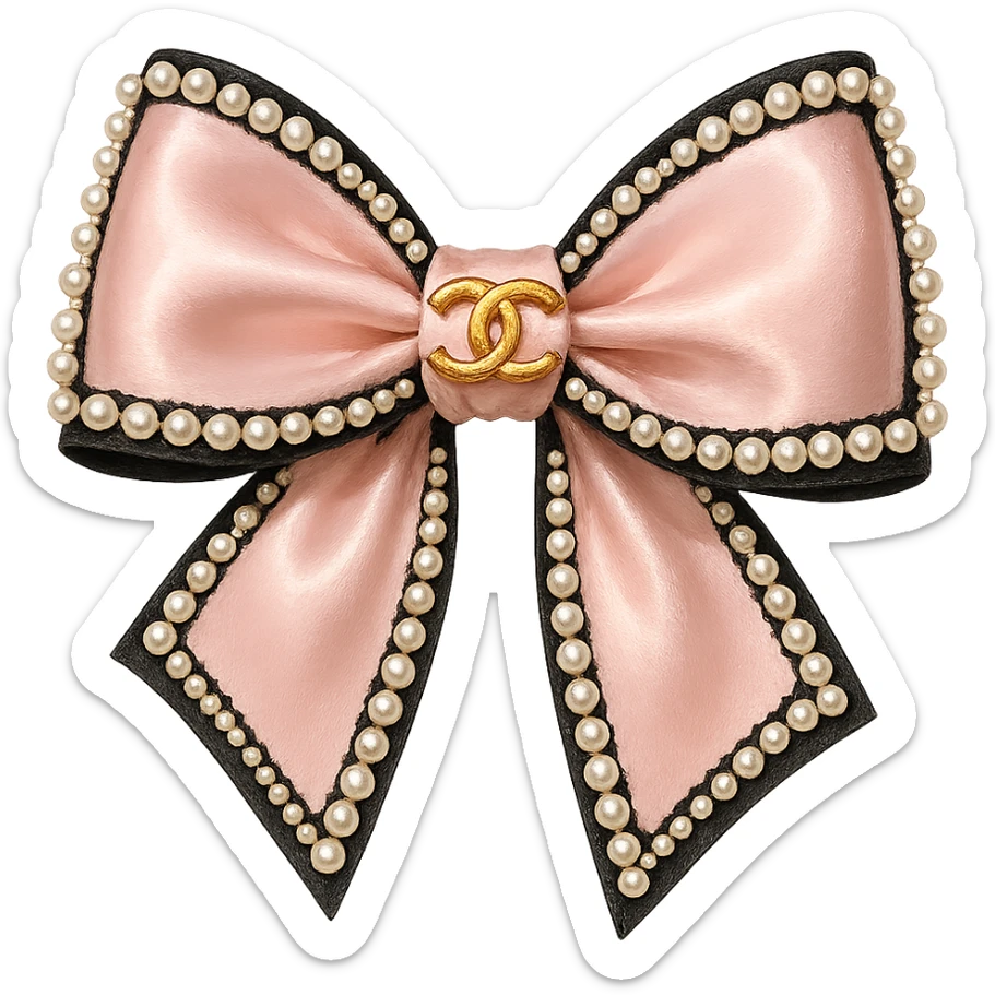 heart only the elegant bow with pearls and gold Chanel logo, glossy, pastel colors, realistic style, with no background. black pink,  sticker