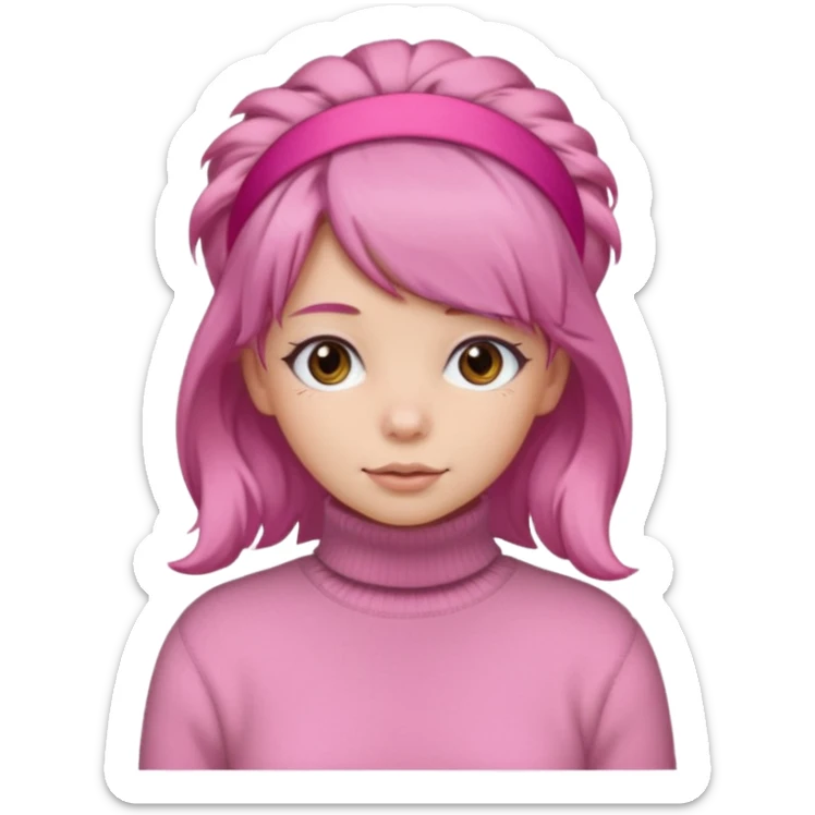 brown fluffy haired girl with pink turtleneck sweater and pink hair band sticker