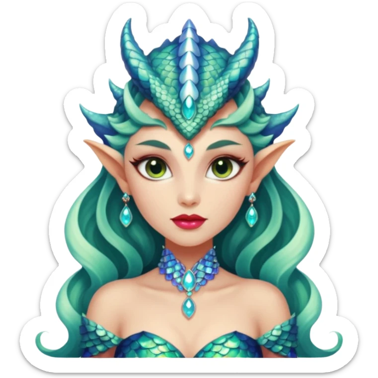 Am amazing blend of a half dragon woman with glittering jeweled scales covering her body. She has large almond shaped eyes, lush lips, and she wears a stunning luminescent gown. sticker