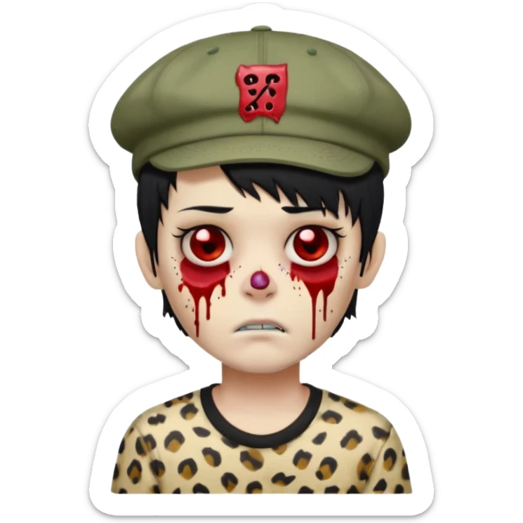 Zombie Boy with black hair and a little blood on his face and sleepy eyes and a cap that has the phrase #jimmy written on it , and a shirt with cheetah texture emoji emo sticker