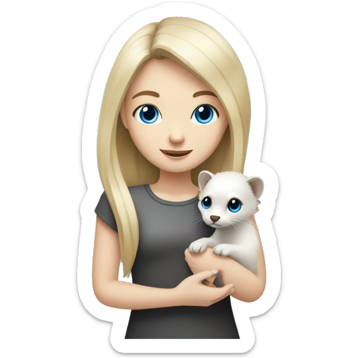 Blonde girl with blue eyes holding in hands a ferret grey and white colour with black eyes sticker