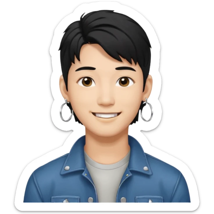 asian male with a black middle part with a kpop mullet and silver hoop earrings sticker