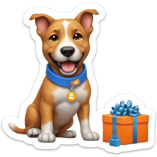 happy cute american stafford with simple blue collar with orange pendant from half side perspective with many presents and gifts around him sticker