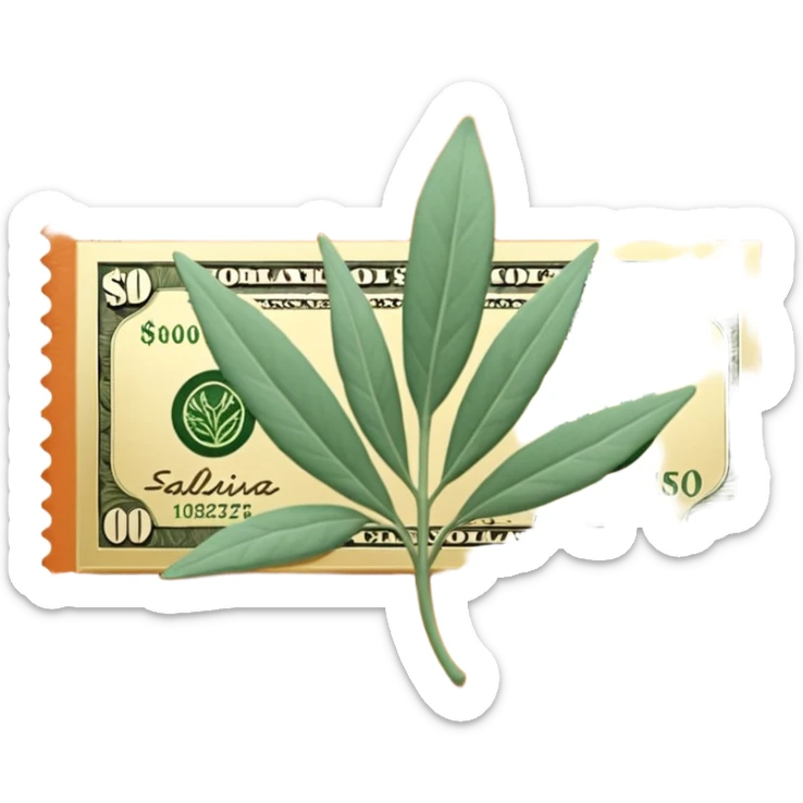 Una miniatura fotorrealista de un billete de cien dólares enrollado elegantemente con un hilo de oro brillante y un pequeño acento de hoja de salvia. Fondo terracota. Estilo: lujo financiero y orgánico sticker