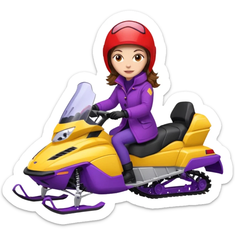 Brown hair Woman wearing red coat  on purple and yellow snowmobile sticker