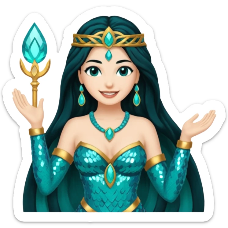 Salacia, Goddess of Hearth from Gods and Goddesses with long black hair, teal sequin outfit sticker