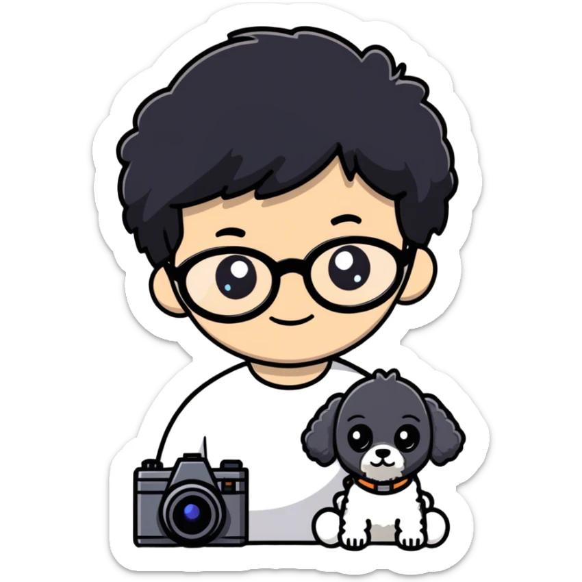 A little boy with straight black medium-length hair, white skin, and black eyes wearing black-framed glasses is taking photos on a UFO with a camera. Beside him, there is an alien and a brown round-headed teddie poodle. sticker