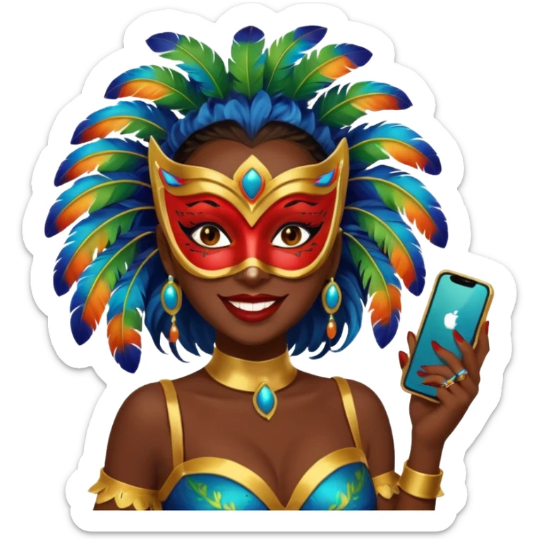 i need the same girl in "dark skin girl, dark red lipstick, nails very beautiful" to be smiling in "carnival mas costume, blue, green and orange preferably, full costume feathers at the back" she is to be smiling and happy with a phone in her hand taking a pico  sticker
