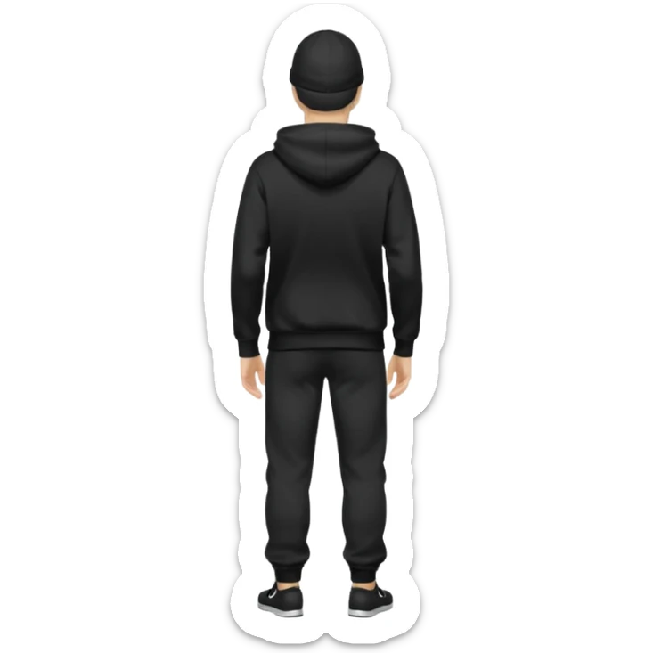 fullbody caucasian man in black hoodie on head, hands in pockets and black pants rear backview sticker