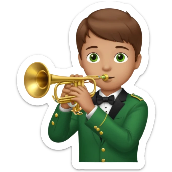 young boy with brown hair, green eyes who plays a trumpet sticker