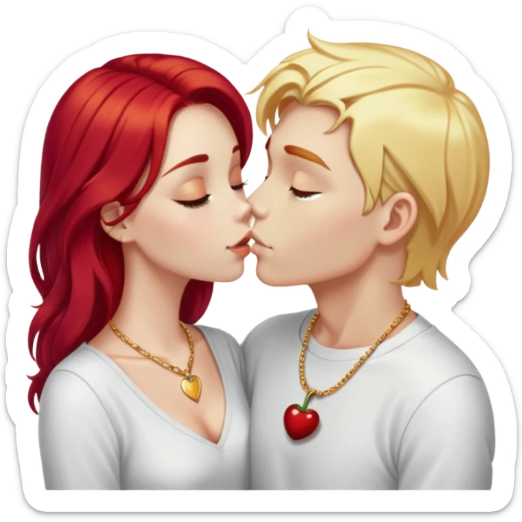 couple kissing, girl with long cherry red hair and blonde eyebrows, gold A necklace, light clothes, and boy with PURE WHITE SHORT HAIR (completely white like paper, not blonde, not gray) sticker