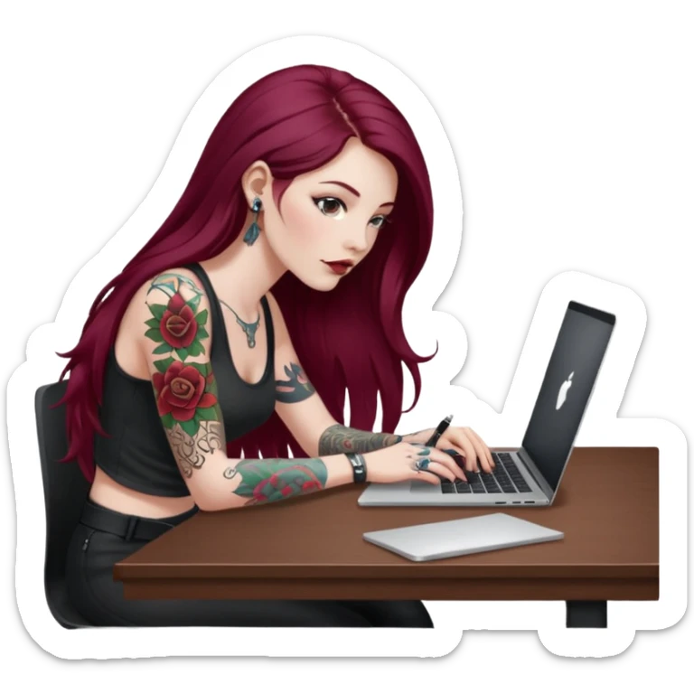 Realistic Macbook pro, side view of female, long burgundy hair, pale skin, with tattoos, graphic designer, sitting at work desk with MacBook open, still view, sticker
