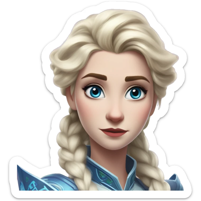 Warcraft award winning Elsa in Halo style, oil paint, mysterious eyes, intricate lips, masterpiece pose, odd perspective, beautiful, desirable, logical, midsommar, ikea sticker