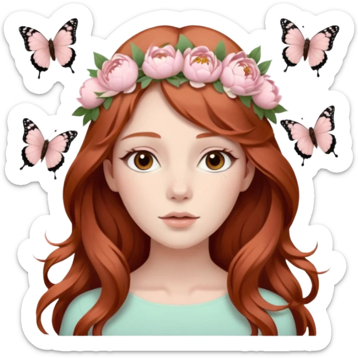 Woman with long flowing auburn hair wearing a pastel flower crown with pale pastel pink peonies and cream colored roses and butterflies in it sticker