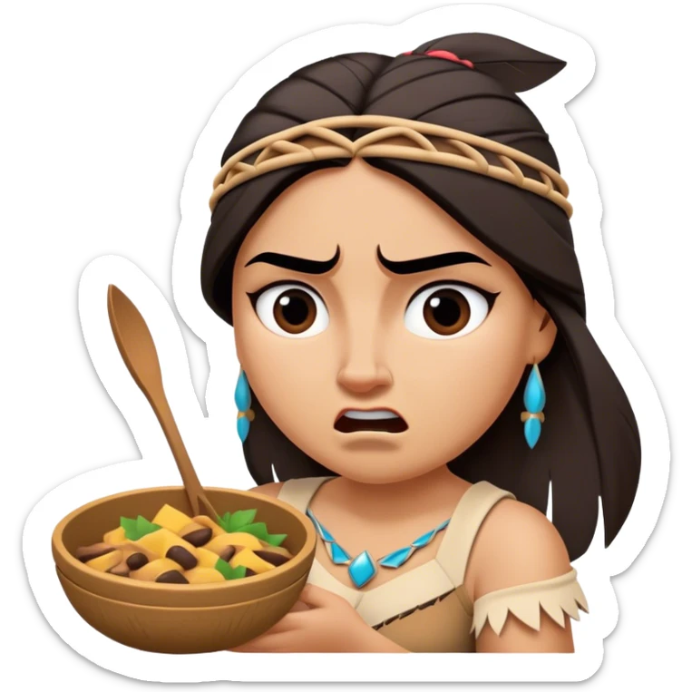 Cinematic Funny Pocahontas Portrait Emoji, Looking bewildered as Meeko steals her food, one brow raised in playful frustration, a warrior princess caught in a hilariously relatable moment, wild yet endearing! sticker