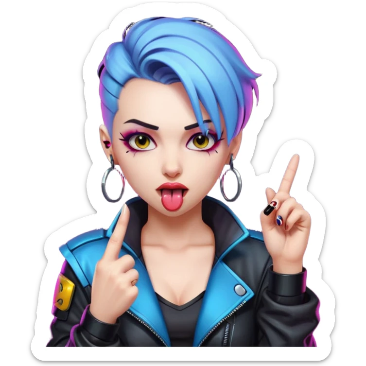 Woman with her tongue out in cyberpunk clothing and giving the middle finger. Looking naughty. sticker