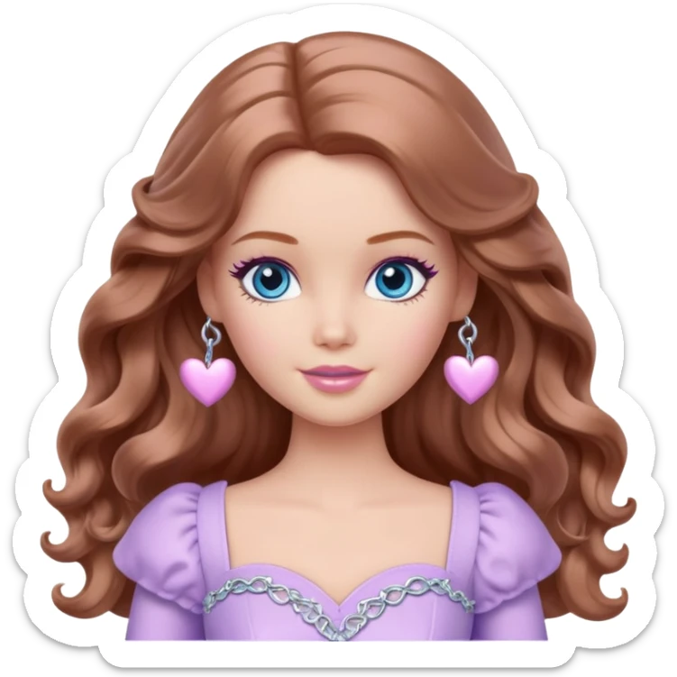 Barbie girl Chestnut long wavy hair and blue eyes is In pale purple clothes There are silver hearts all around sticker