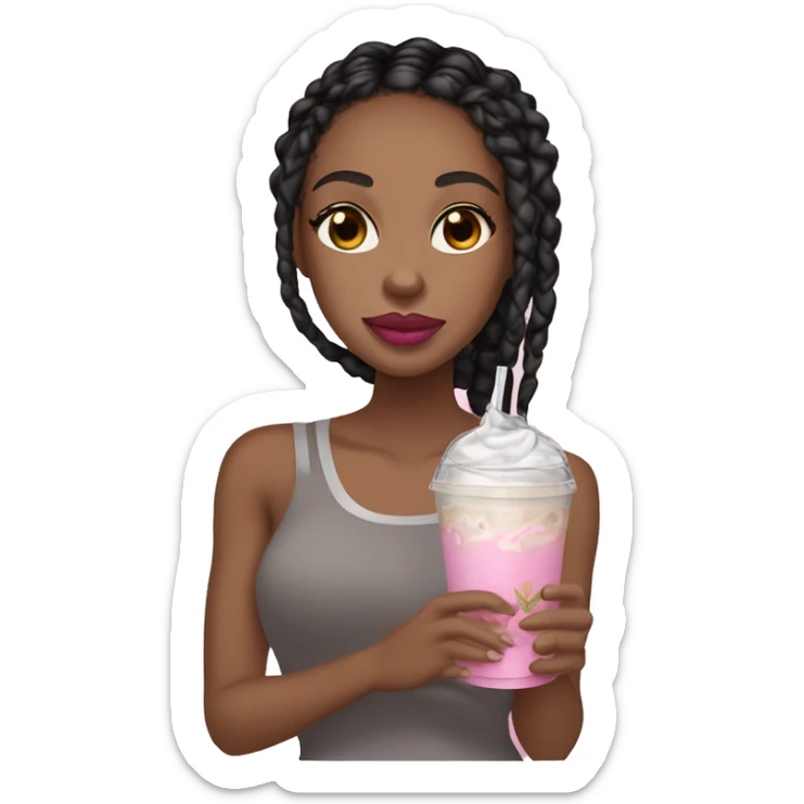 A light skin African American girl with black medium knotless braids and pink lips sipping an iced coffee  sticker