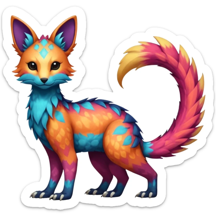 Beautiful pretty cool edgy elegant realistic Feral Rare Fantasy colorful vibrant Vernid-Trico-species-Fakemon-creature by LiLaiRa, random markings, tufted tail, tufted ears, full body sticker