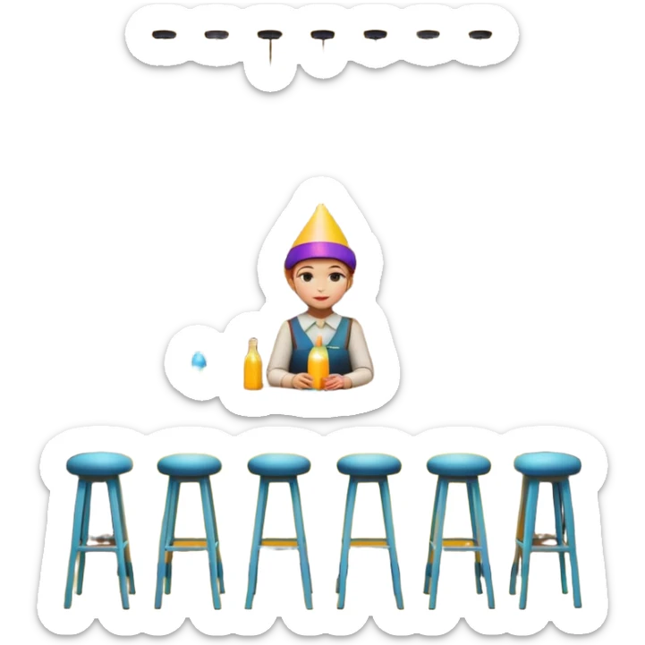 A 3D cartoon bar counter with tall stools, hanging yellow lights, and shelves filled with colorful bottles in the background. Smooth textures, warm ambient lighting, realistic reflections, dark background, Memoji-style design. sticker