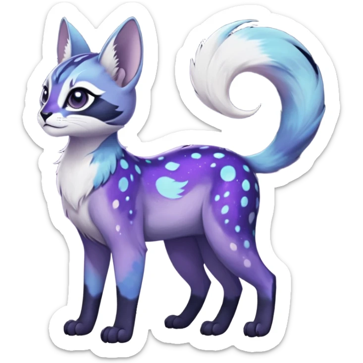 Colorful black-violet-indigo-purple-gradients nebulae nebula starry galactical shiny white-stars-spotted glorious iridescent divine exotic cute cool beautiful realistic Meloetta-caracal-civet-sergal-oncilla-animal-Fakémon-hybrid-fursona (full body) sticker