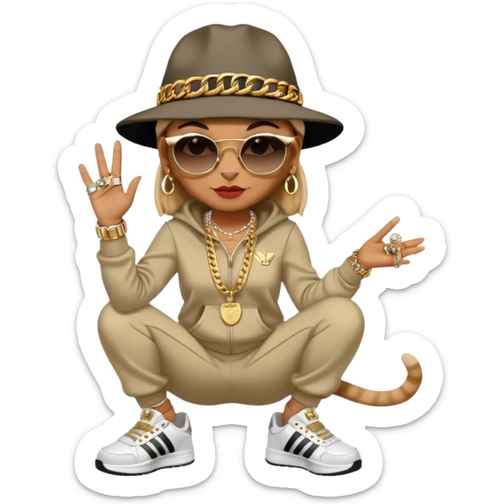 female cat walking upright, Run DMC hip-hop outfit, tracksuit, fedora, Adidas sneakers, dark sunglasses, many gold chains, bling accessories rings bracelets earrings sticker