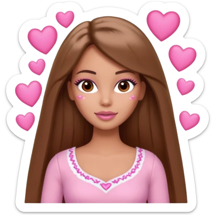 Barbie girl and  makeup , brown long straight hair and brown eyes is In pale pink clothes There are pink hearts all around sticker