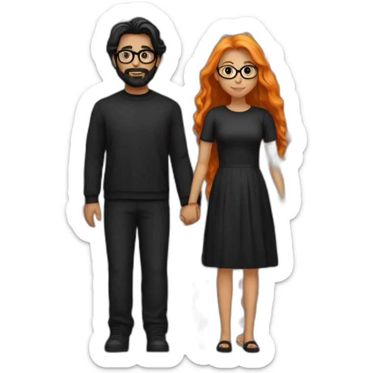 girl with long orange hair wearing all black and holding hands with boy with dark hair and beard and glasses sticker