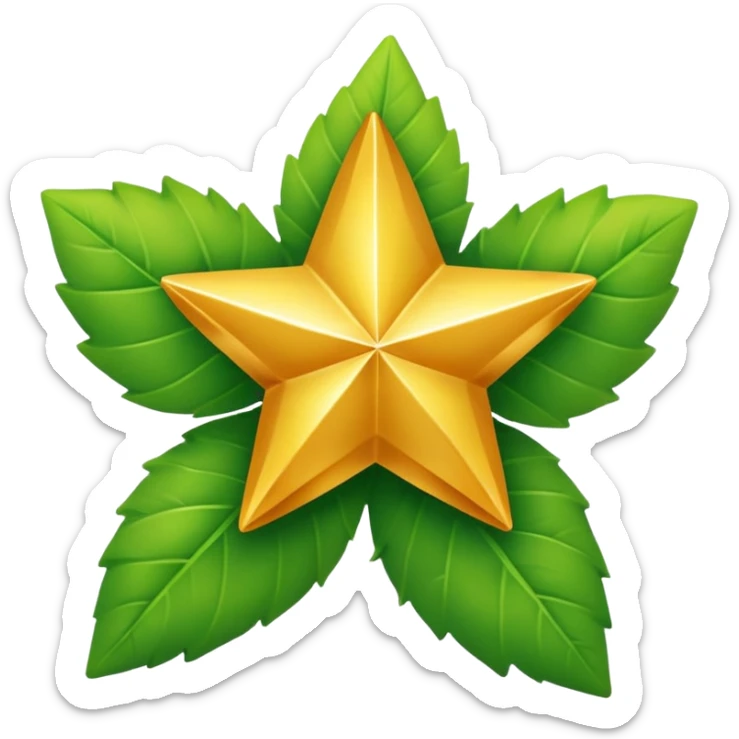 "A vibrant, golden five-pointed star emoji, with graceful green leaves subtly integrated into its points or wrapping around its base. The design should feel radiant and positive. Clean, vector-style, 32x32 pixel icon. Transparent background. Icon for achievement in health." sticker