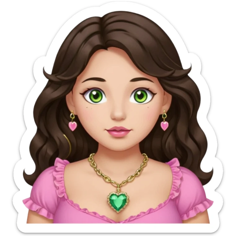 Girl long wavy dark brown hair with middle part. green gold eyes, plus size, pink frilly top, right nostril gold nose ring, small pink heart crystal necklace  sticker