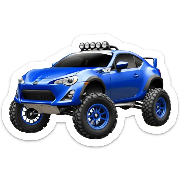 Dirty raced redneck jacked 2013 scion fr-s ultramarine off road 4wd monster Baja dessert stadium rock racer number 86 with long travel suspension, shiny silver wheels, exaggerated wide black fender flares  sticker