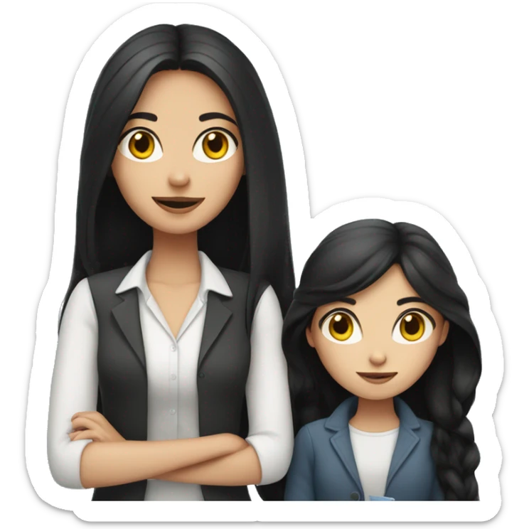 A girl with white skin and long black hair is a teacher with a cat sticker