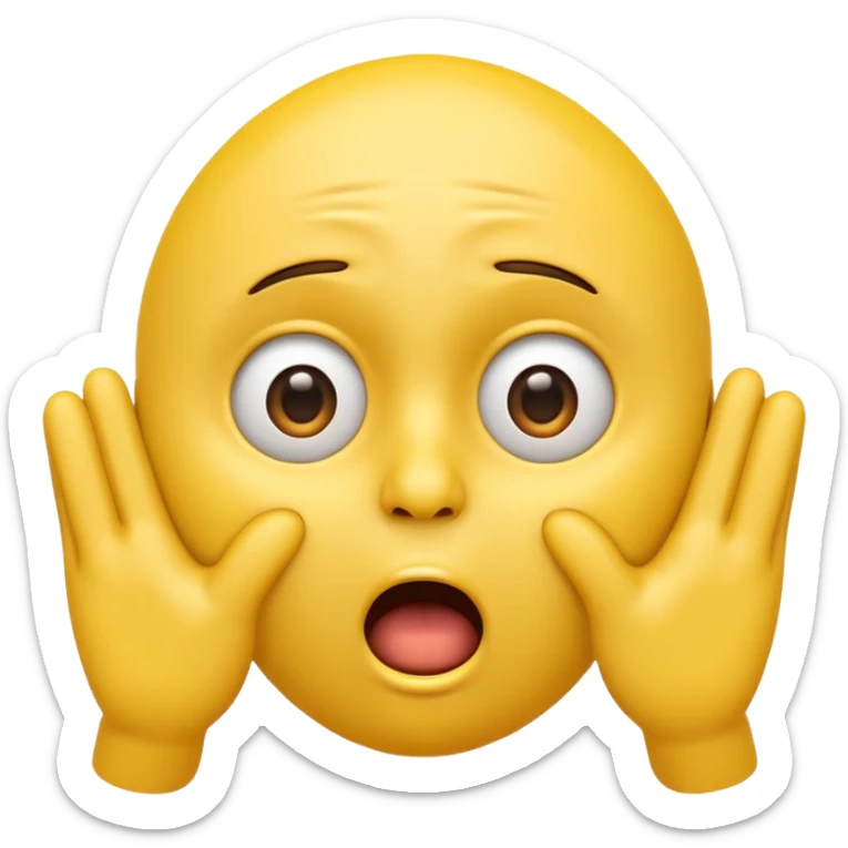 A 3D glossy yellow emoji of a shocked horrified face, with mouth and eyes are wide open, eyebrows  raised, and hands against their cheeks, face has no nose, black background, high quality, soft studio lighting sticker