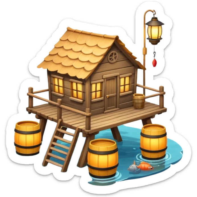 
fisherman house on a wooden pier, small dock, fishing nets hanging, barrels, lantern, ocean vibe, 3D cartoon, cute mobile game icon, clean background, no text
 sticker