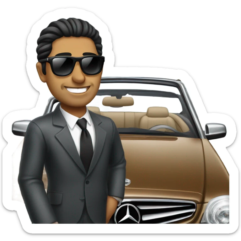 Latino Businessman with sunglasses standing in front of black Mercedes convertible sticker