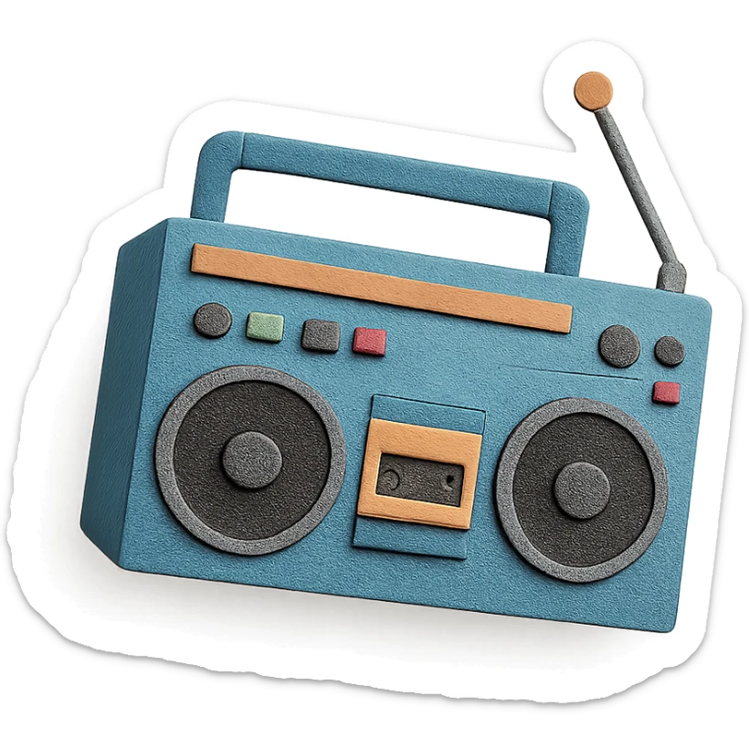 angled view of a paper-craft style boombox with extra details like buttons and speakers sticker