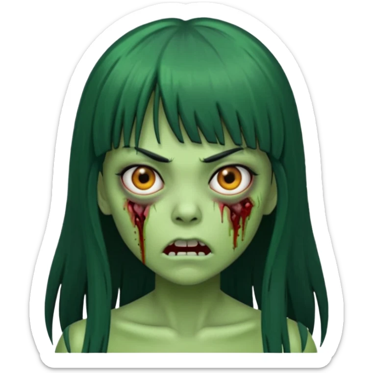 Faça uma menina de cabelo liso preto com franja zumbi cabelo longo 🧟‍♀️ faça ela assim faça ela verde com cara mais assustadora sticker