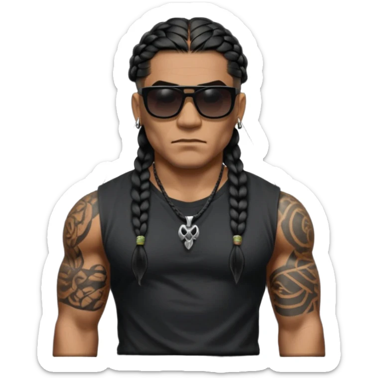 Samoan male. 
Untucked loose fitting black t-shirt. 
long black braided hair.
very muscular.
Even More tattoos. 
Tough and menacing.
Dark black square sunglasses. sticker