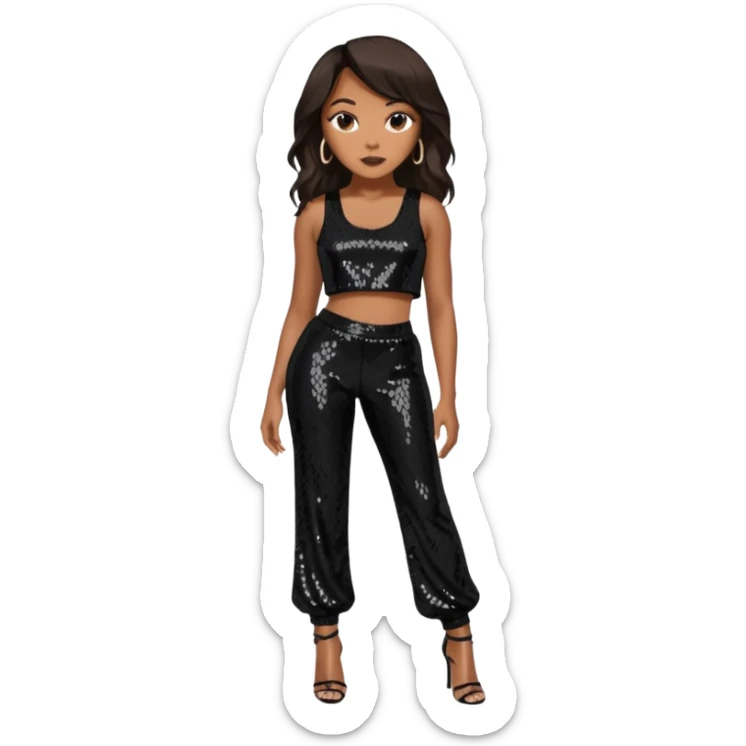 LeToya Luckett with long dark brown hair, black sequin crop top, black sequin pants sticker