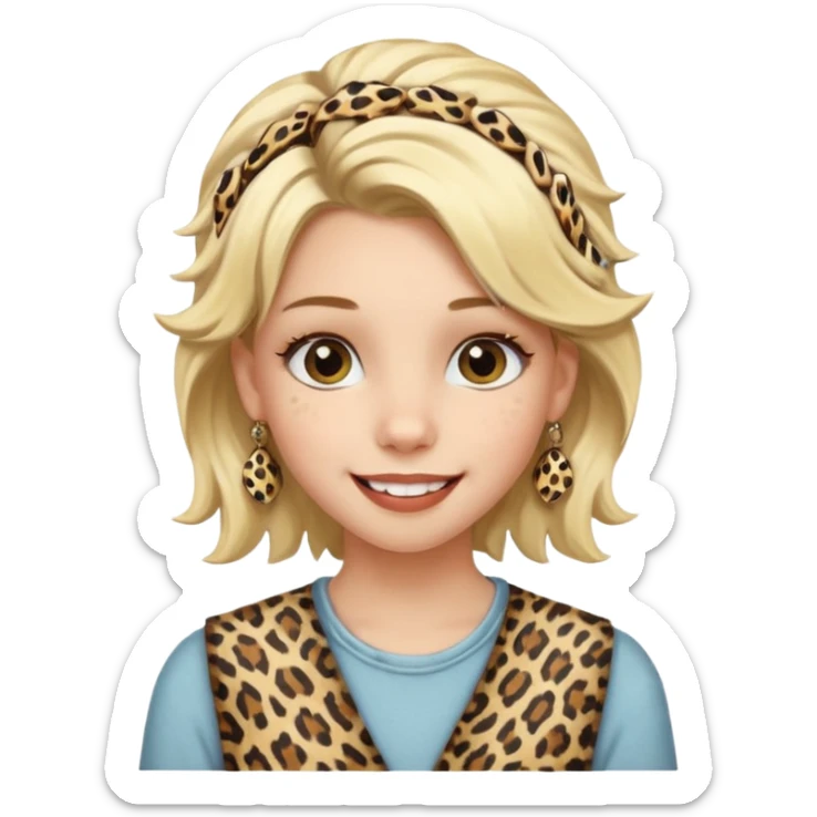 Une fille blonde et joyeuse. Elle porte une coiffure rock et originale avec 3 pinces pour cheveux  léopard et motif peau de vache. sticker