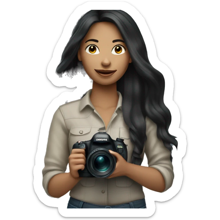 women photographer with long black hair and light skin holding a camera canon sticker