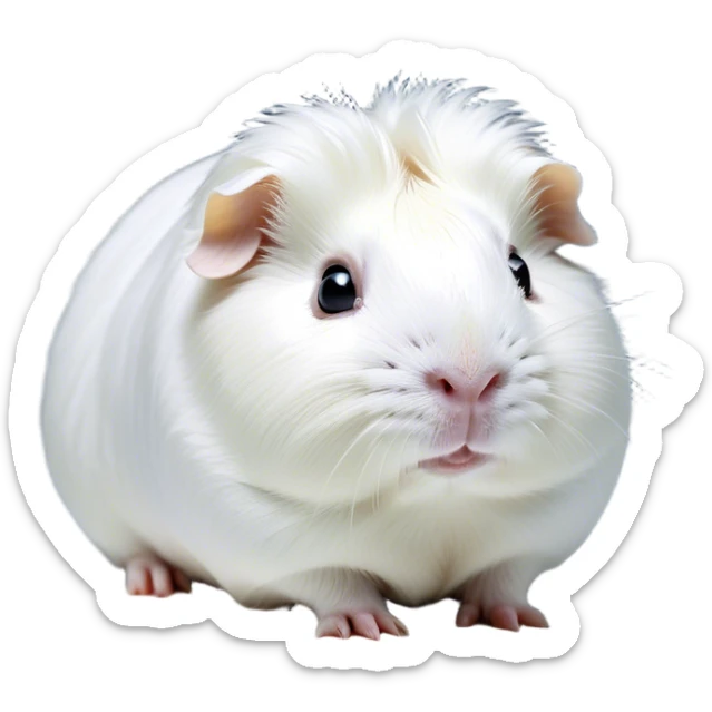 Cinematic Noble White Guinea Pig Portrait Emoji, Poised and regal, with a compact, chubby build and a pristine, well-groomed pure white fur, deep-set soulful dark eyes, Simplified yet sharp and sophisticated features, highly detailed, glowing with a soft, dignified glow, high shine, intelligent and sweet, stylized with an air of gentle purity, focused and attentive, soft glowing outline, capturing the essence of a watchful and confident little companion, so majestic it feels as though it could scurry out of the screen with effortless authority! sticker