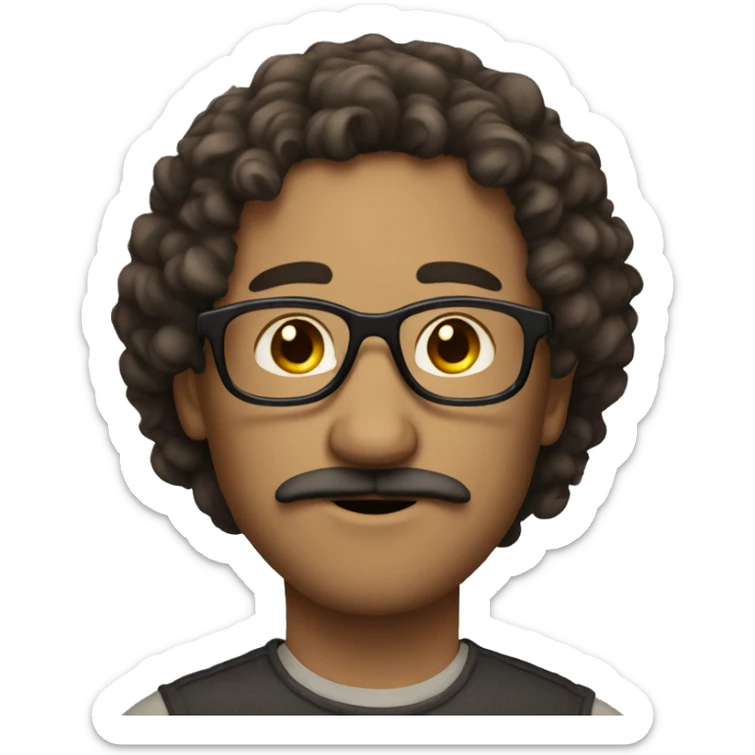a man with a moustache and curly brown long hair. Brown eyes and glasses  sticker